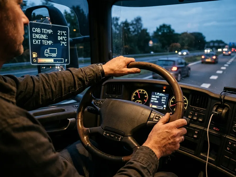 Conductor al volante con el panel de temperatura de la cabina encendido