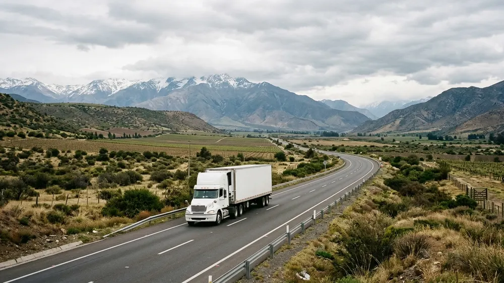Camión refrigerado circulando por una ruta rodeada de viñedos y montañas