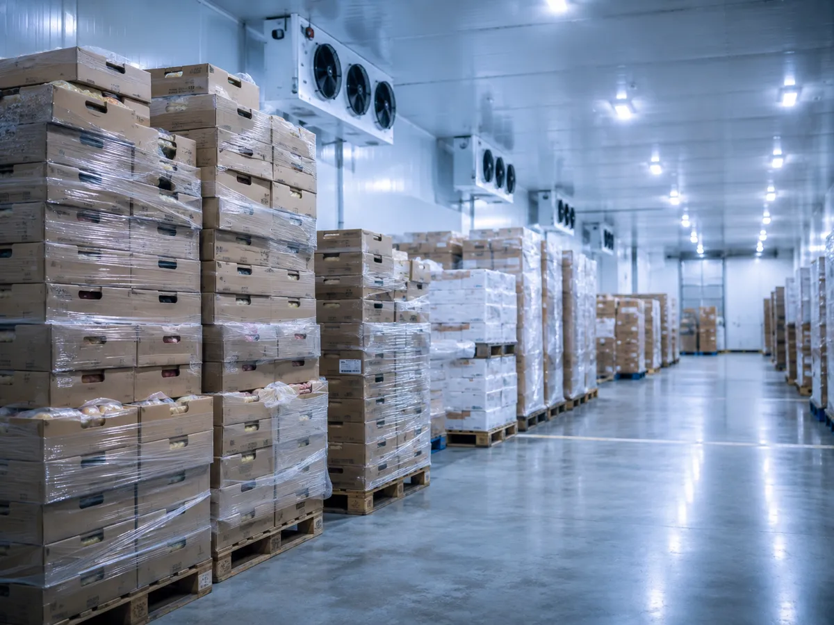 Pallets de productos alimenticios en una bodega refrigerada