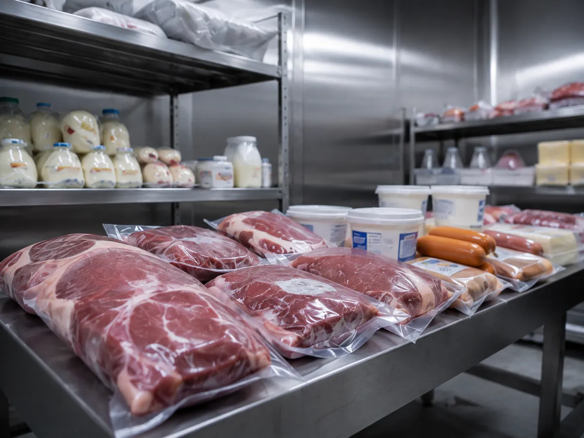 Cortes de carne y lácteos envasados al vacío en cámara de frío