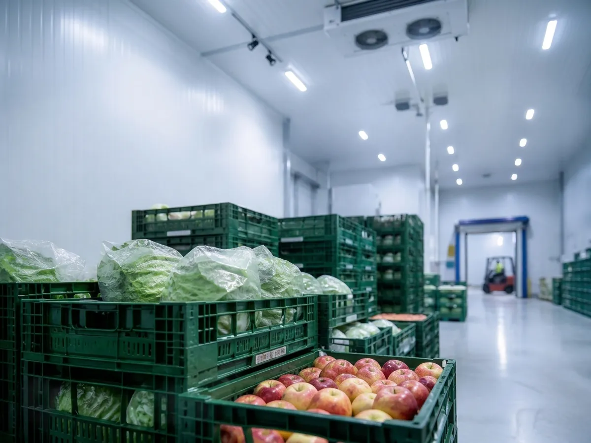 Cajas de frutas y verduras frescas en un centro de distribución refrigerado