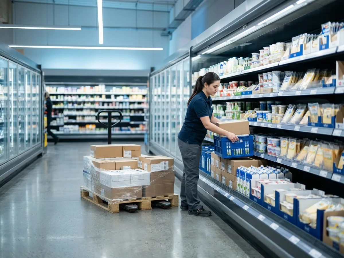 Pasillo refrigerado de supermercado siendo reabastecido