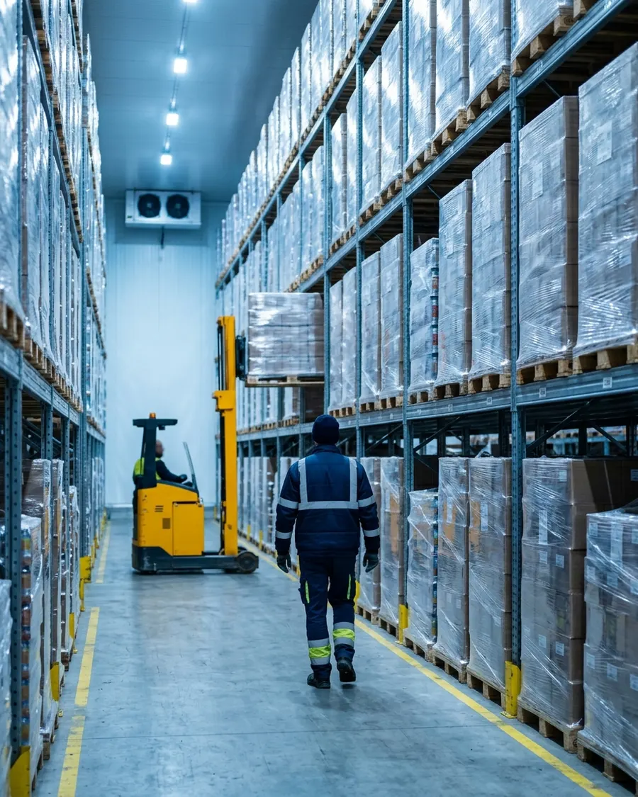 Interior de una bodega refrigerada con pallets y un montacargas en movimiento