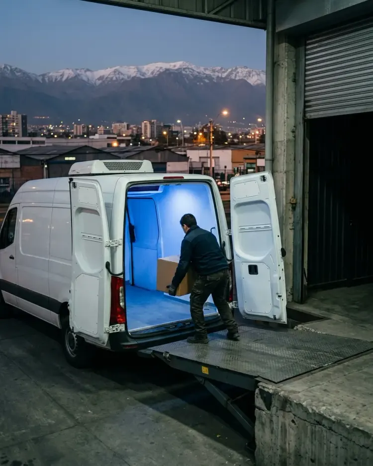 Furgón refrigerado siendo cargado en un andén urbano, con la cordillera de los Andes de fondo